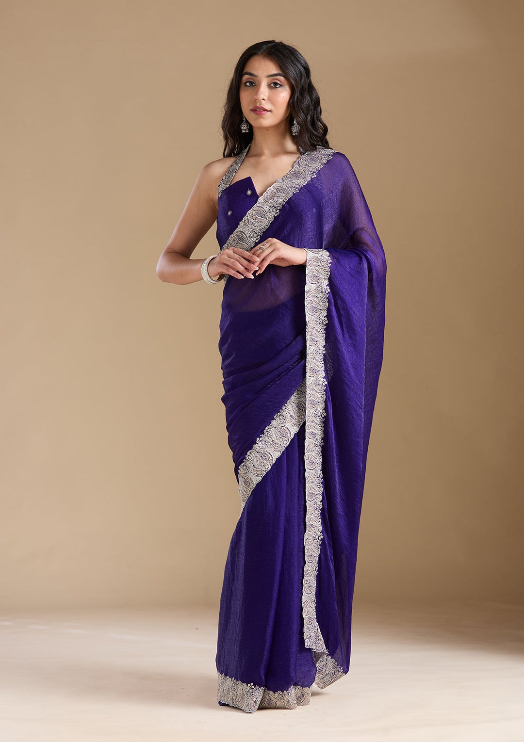 Violet  Zariwork (Silver) Chiffon Saree-koskii