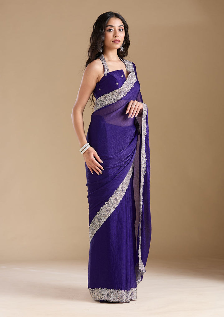 Violet  Zariwork (Silver) Chiffon Saree-koskii