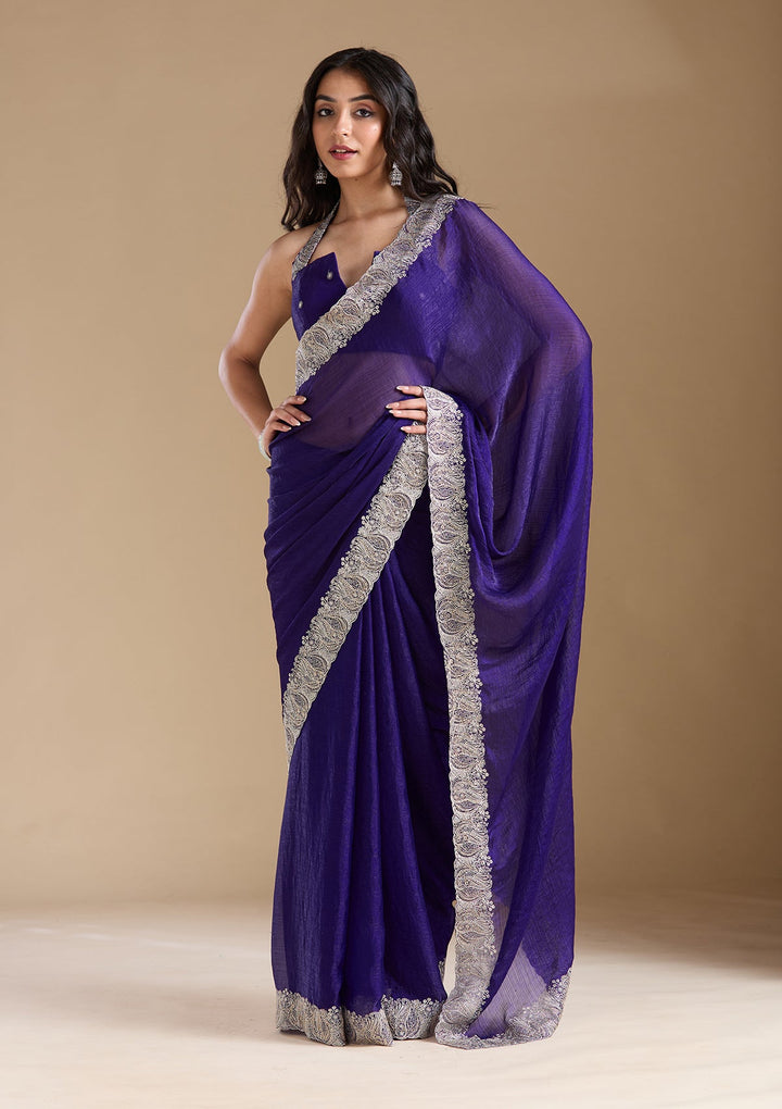Violet  Zariwork (Silver) Chiffon Saree-koskii