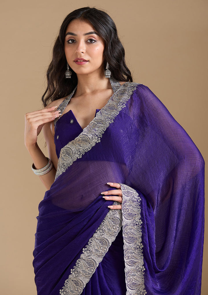 Violet  Zariwork (Silver) Chiffon Saree-koskii