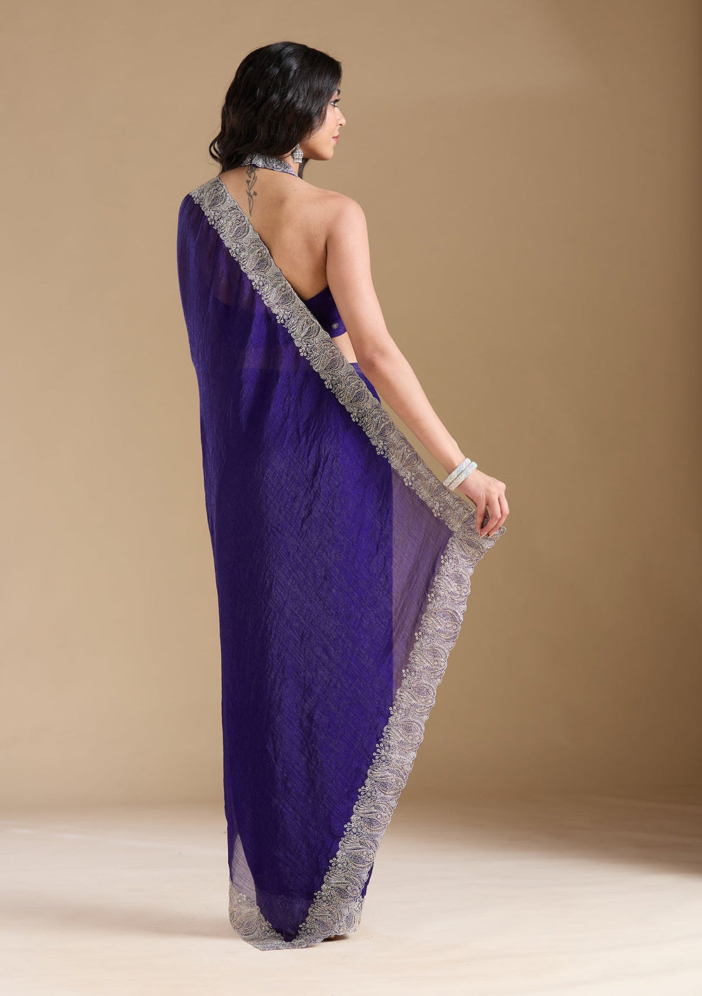 Violet  Zariwork (Silver) Chiffon Saree-koskii