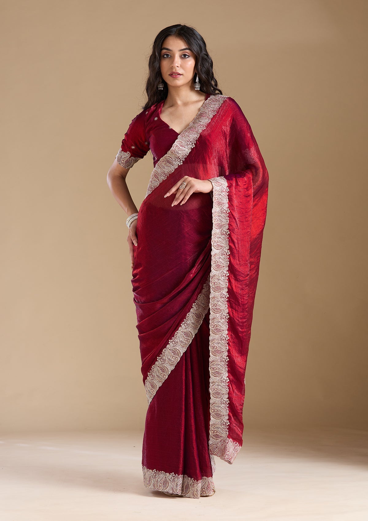 Wine Zariwork (Silver) Chiffon Saree-koskii
