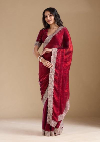 Wine Zariwork (Silver) Chiffon Saree-koskii
