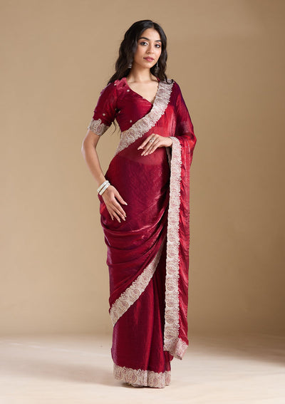 Wine Zariwork (Silver) Chiffon Saree-koskii