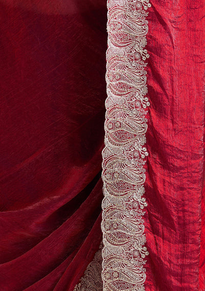 Wine Zariwork (Silver) Chiffon Saree-koskii