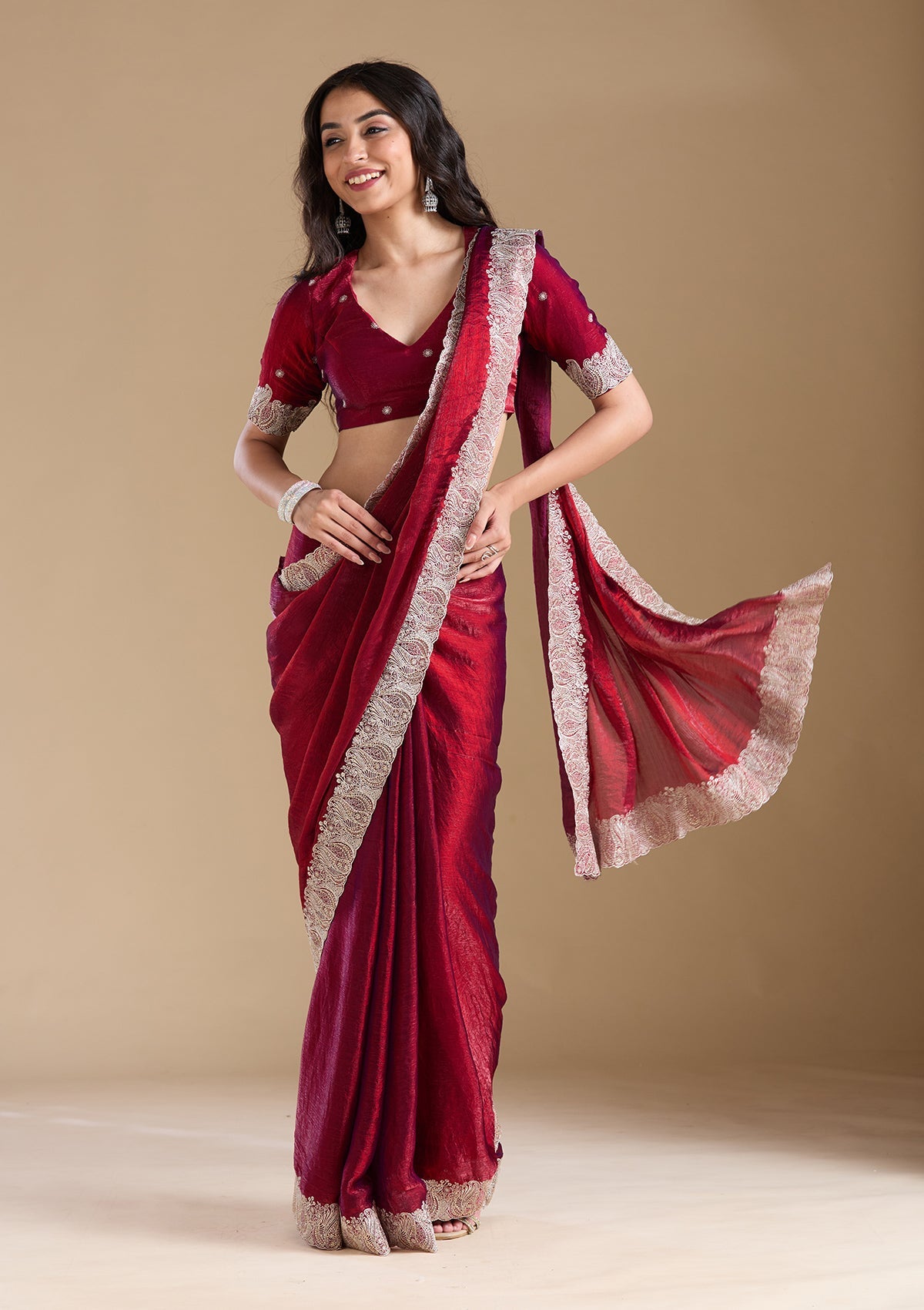 Wine Zariwork (Silver) Chiffon Saree-koskii