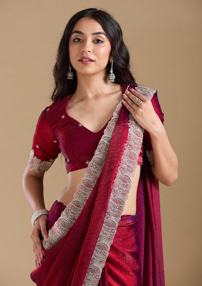 Wine Zariwork (Silver) Chiffon Saree-koskii