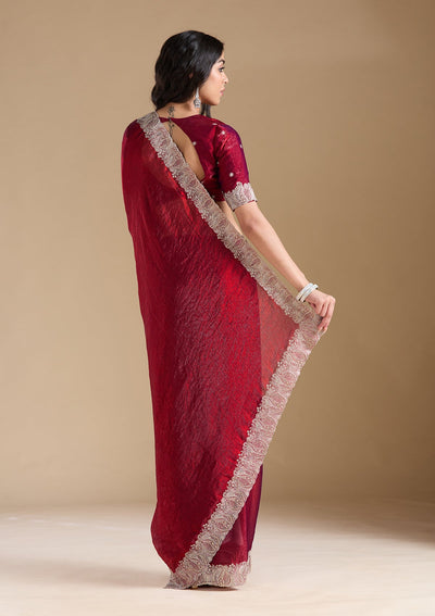 Wine Zariwork (Silver) Chiffon Saree-koskii