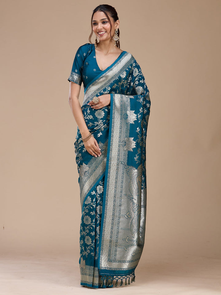 Peacock Blue Stonework Silk Saree-koskii