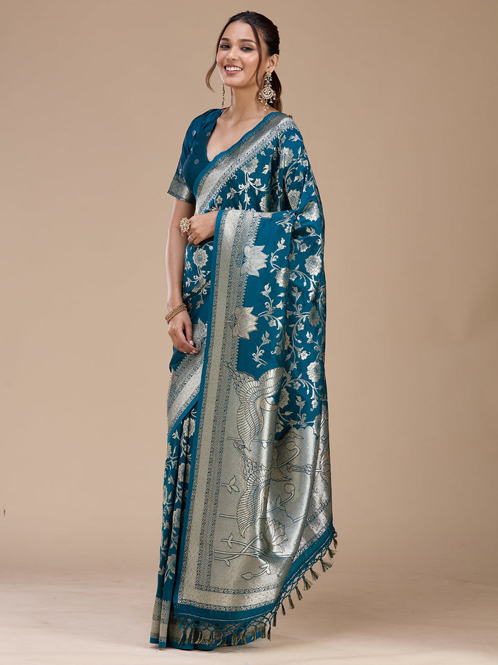 Peacock Blue Stonework Silk Saree-koskii