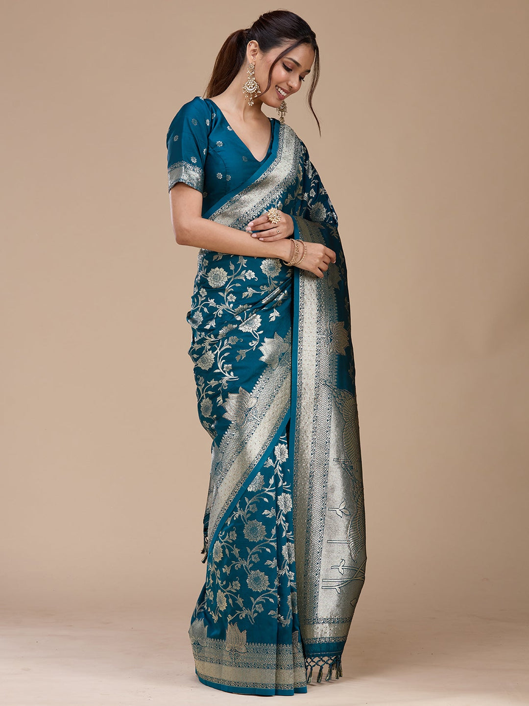 Peacock Blue Stonework Silk Saree-koskii