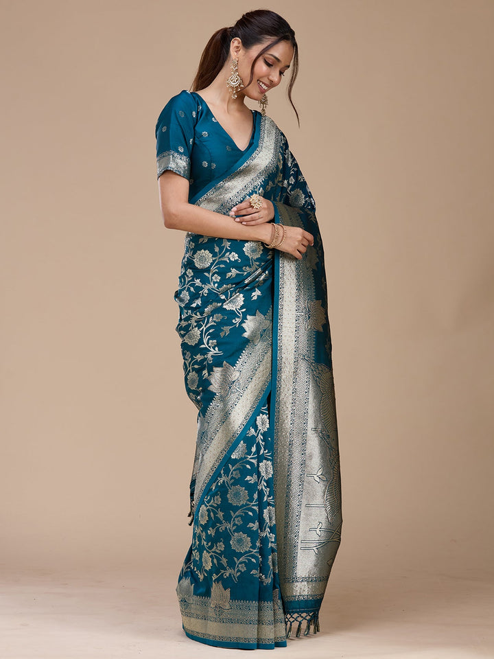 Peacock Blue Stonework Silk Saree-koskii