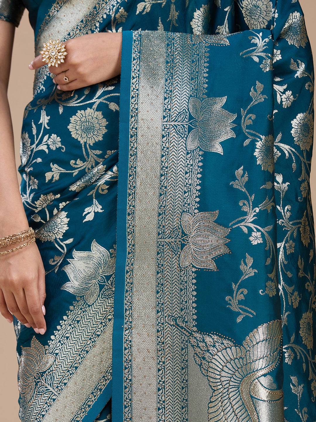Peacock Blue Stonework Silk Saree-koskii