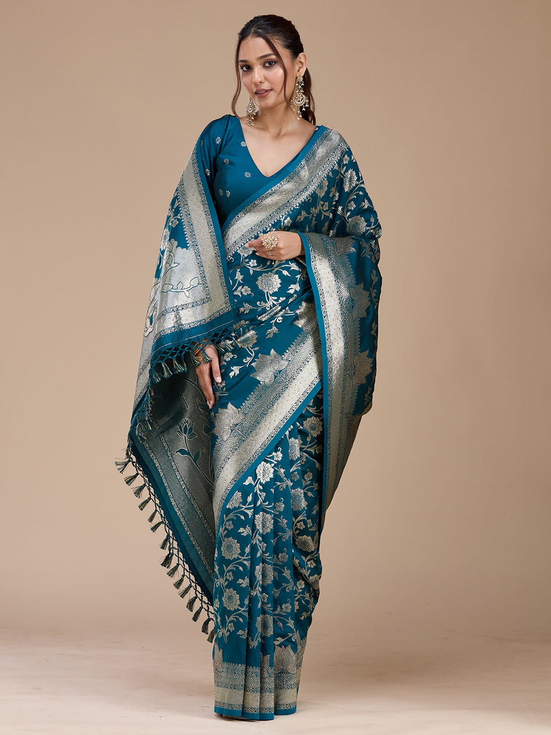 Peacock Blue Stonework Silk Saree-koskii