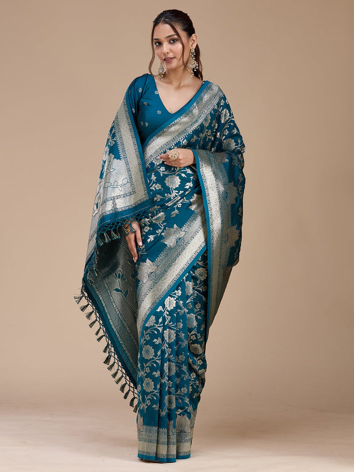 Peacock Blue Stonework Silk Saree-koskii
