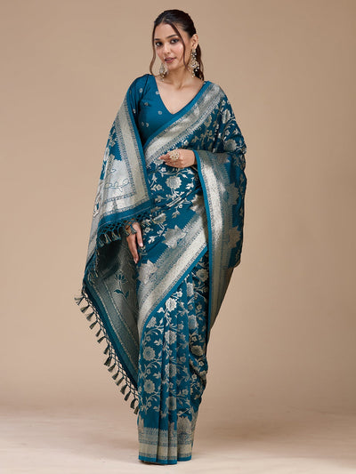 Peacock Blue Stonework Silk Saree-koskii