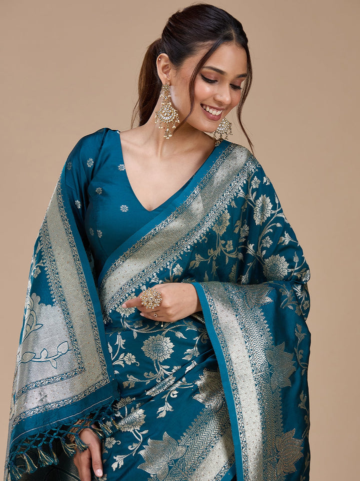 Peacock Blue Stonework Silk Saree-koskii