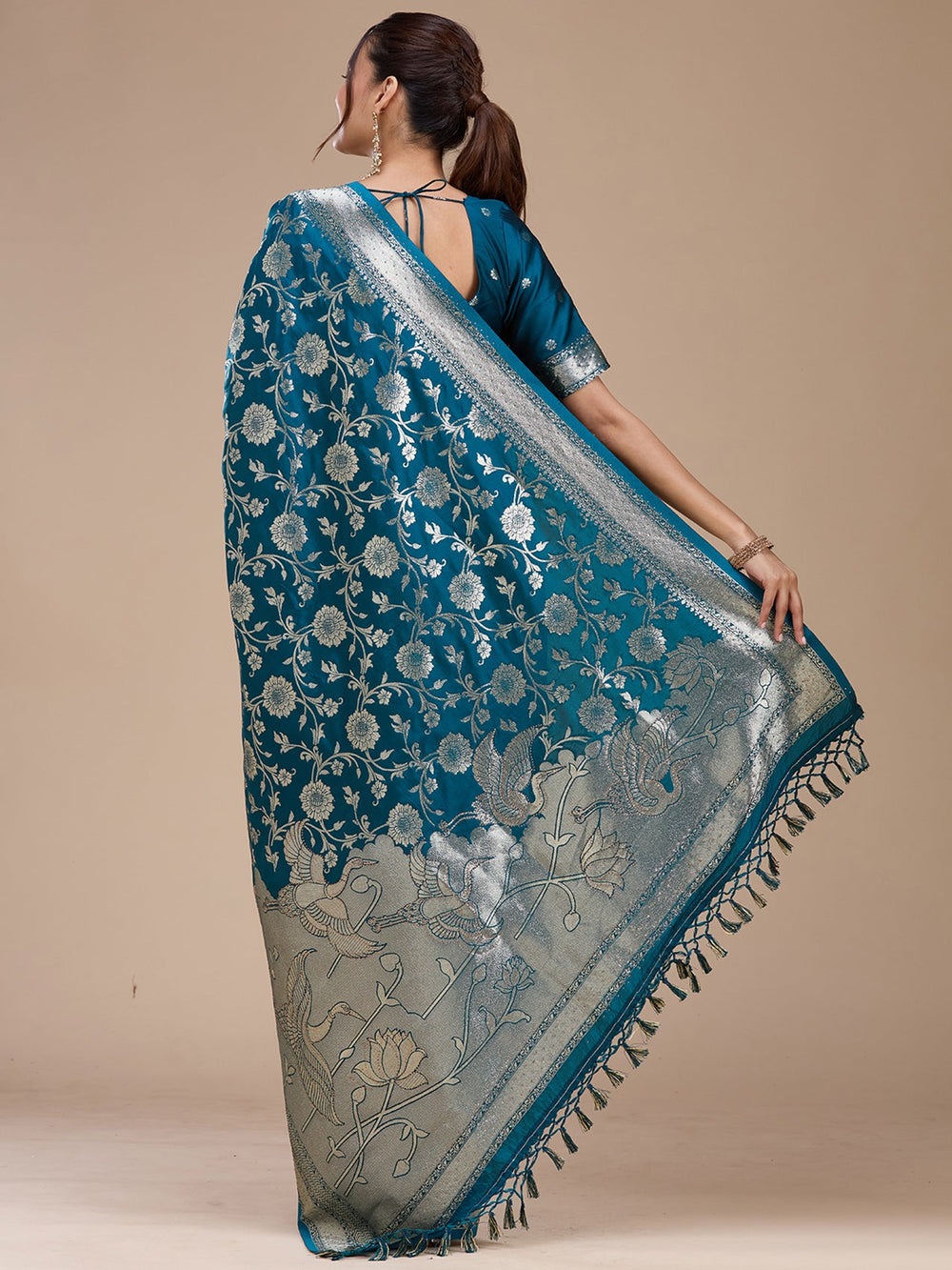 Peacock Blue Stonework Silk Saree-koskii