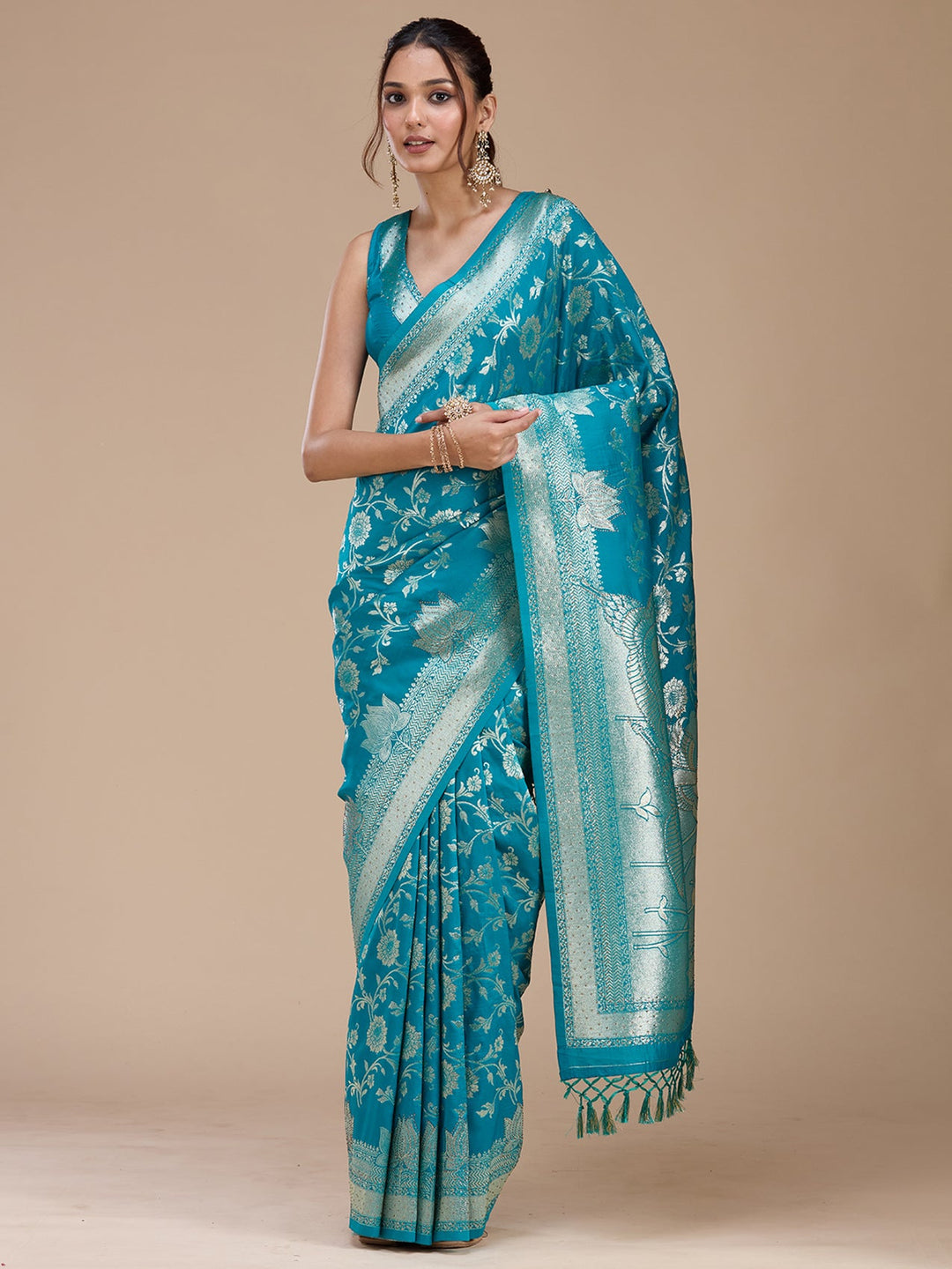 Turquoise Blue Stonework Silk Saree_koskii