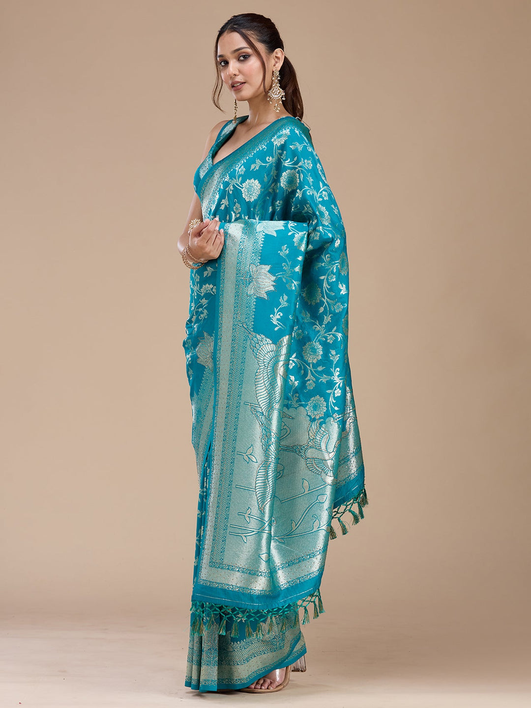 Turquoise Blue Stonework Silk Saree_koskii