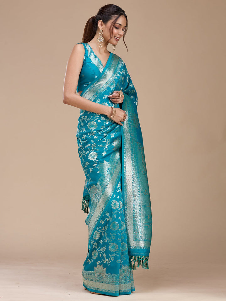 Turquoise Blue Stonework Silk Saree_koskii