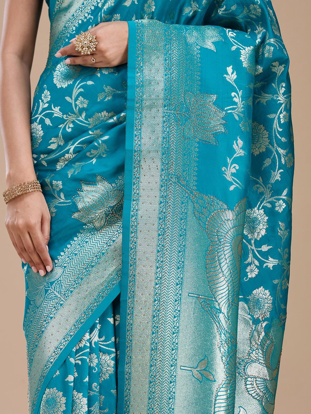 Turquoise Blue Stonework Silk Saree_koskii