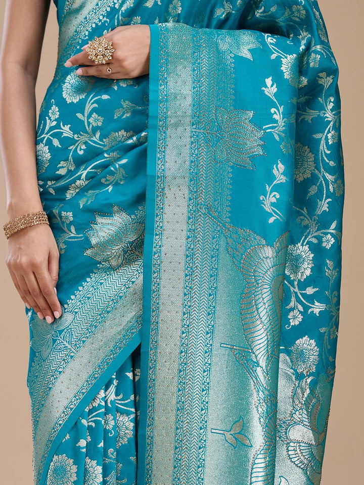 Turquoise Blue Stonework Silk Saree_koskii