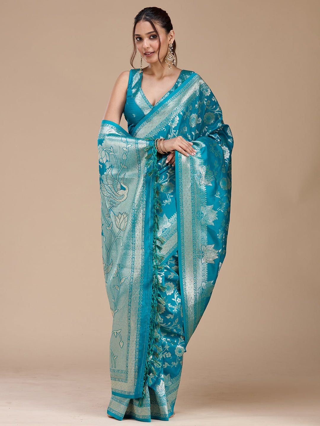 Turquoise Blue Stonework Silk Saree-koskii