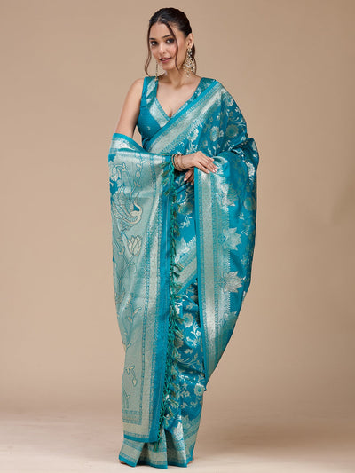 Turquoise Blue Stonework Silk Saree-koskii