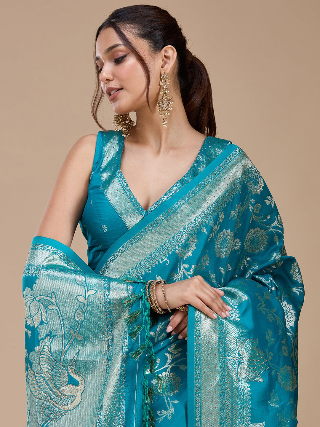 Turquoise Blue Stonework Silk Saree_koskii