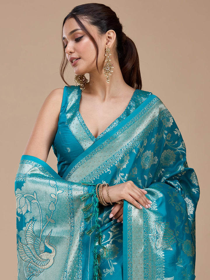 Turquoise Blue Stonework Silk Saree_koskii