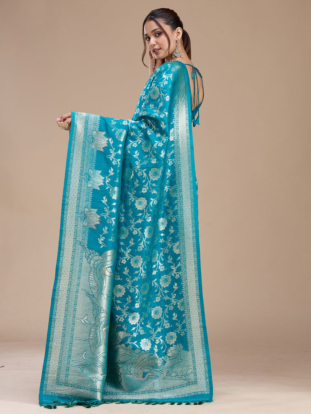Turquoise Blue Stonework Silk Saree-koskii