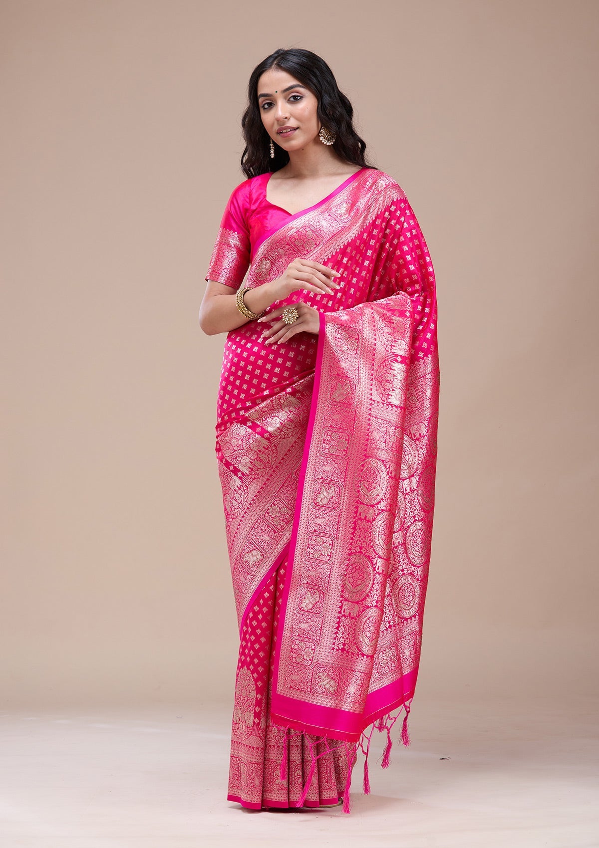 Magenta Pink Stonework Banarasi Silk Saree-koskii