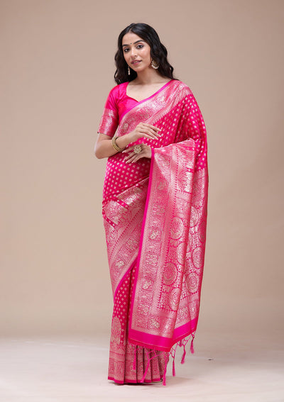 Magenta Pink Stonework Banarasi Silk Saree-koskii