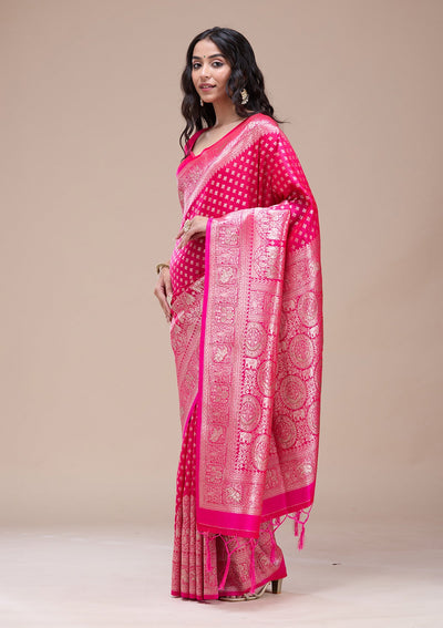 Magenta Pink Stonework Banarasi Silk Saree-koskii