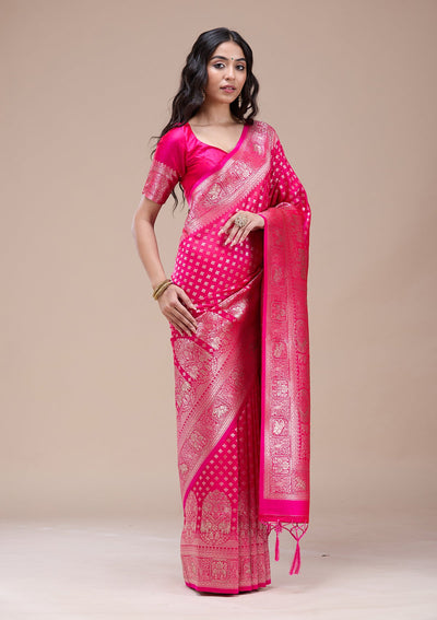 Magenta Pink Stonework Banarasi Silk Saree-koskii