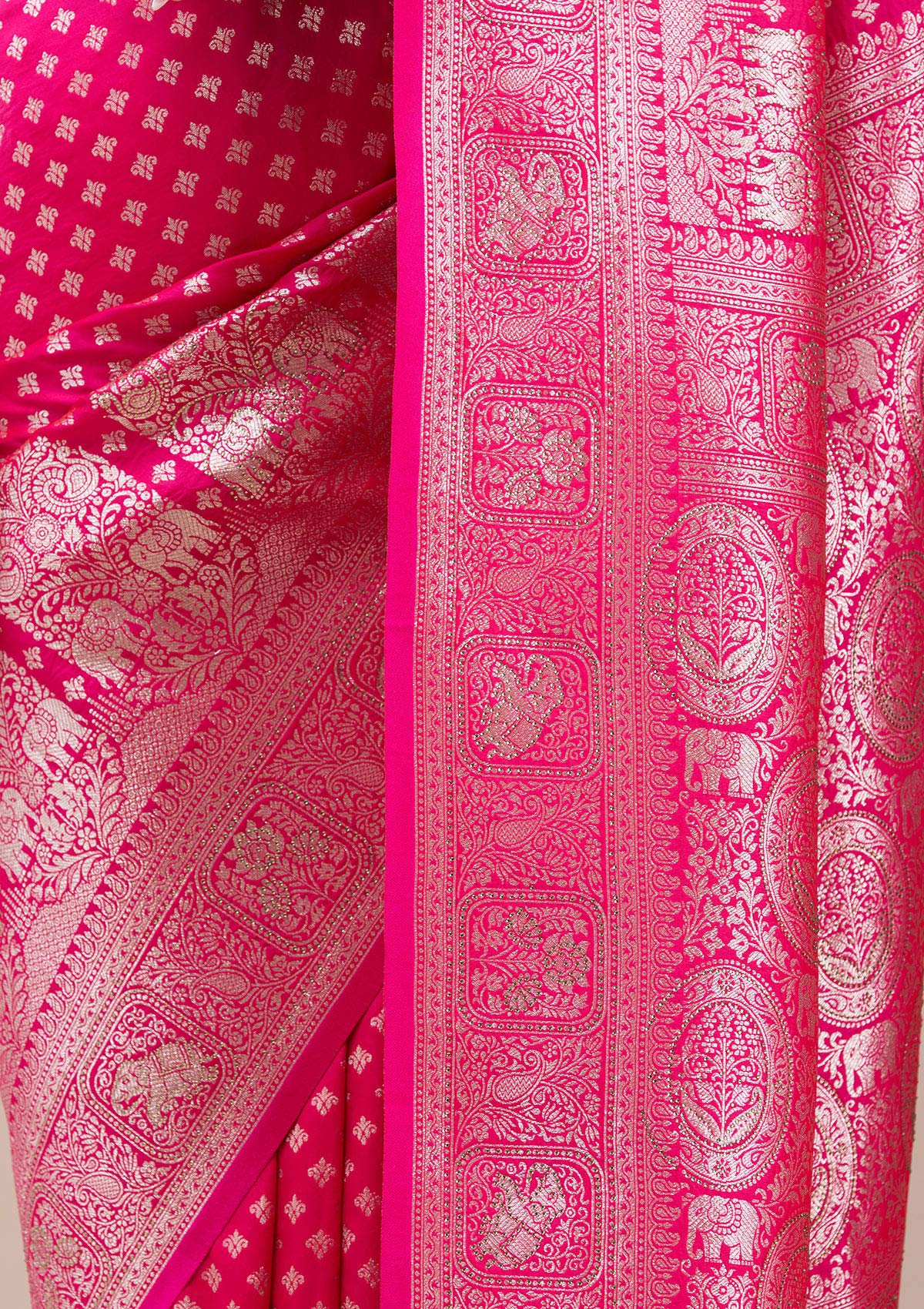 Magenta Pink Stonework Banarasi Silk Saree-koskii