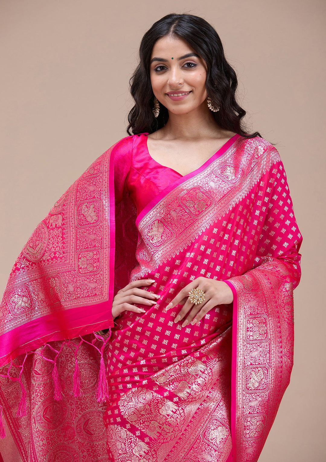 Magenta Pink Stonework Banarasi Silk Saree-koskii