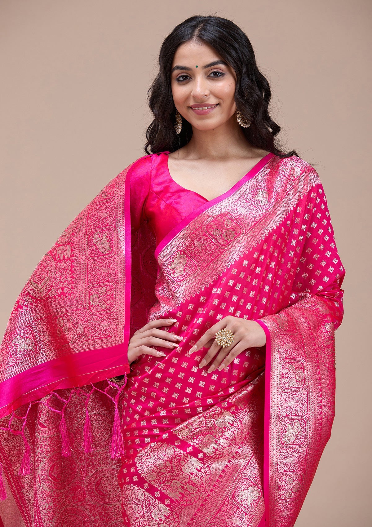 Magenta Pink Stonework Banarasi Silk Saree-koskii