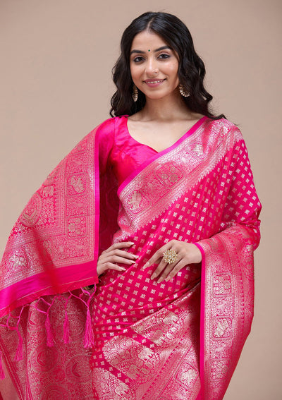 Magenta Pink Stonework Banarasi Silk Saree-koskii