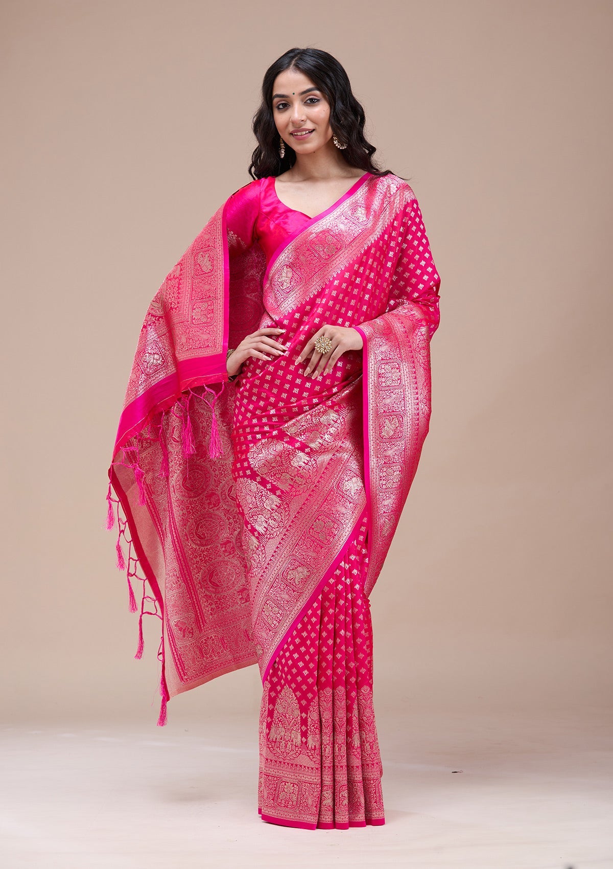 Magenta Pink Stonework Banarasi Silk Saree-koskii