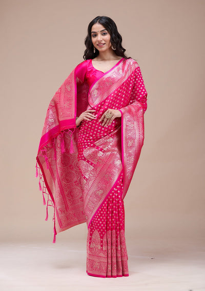 Magenta Pink Stonework Banarasi Silk Saree-koskii