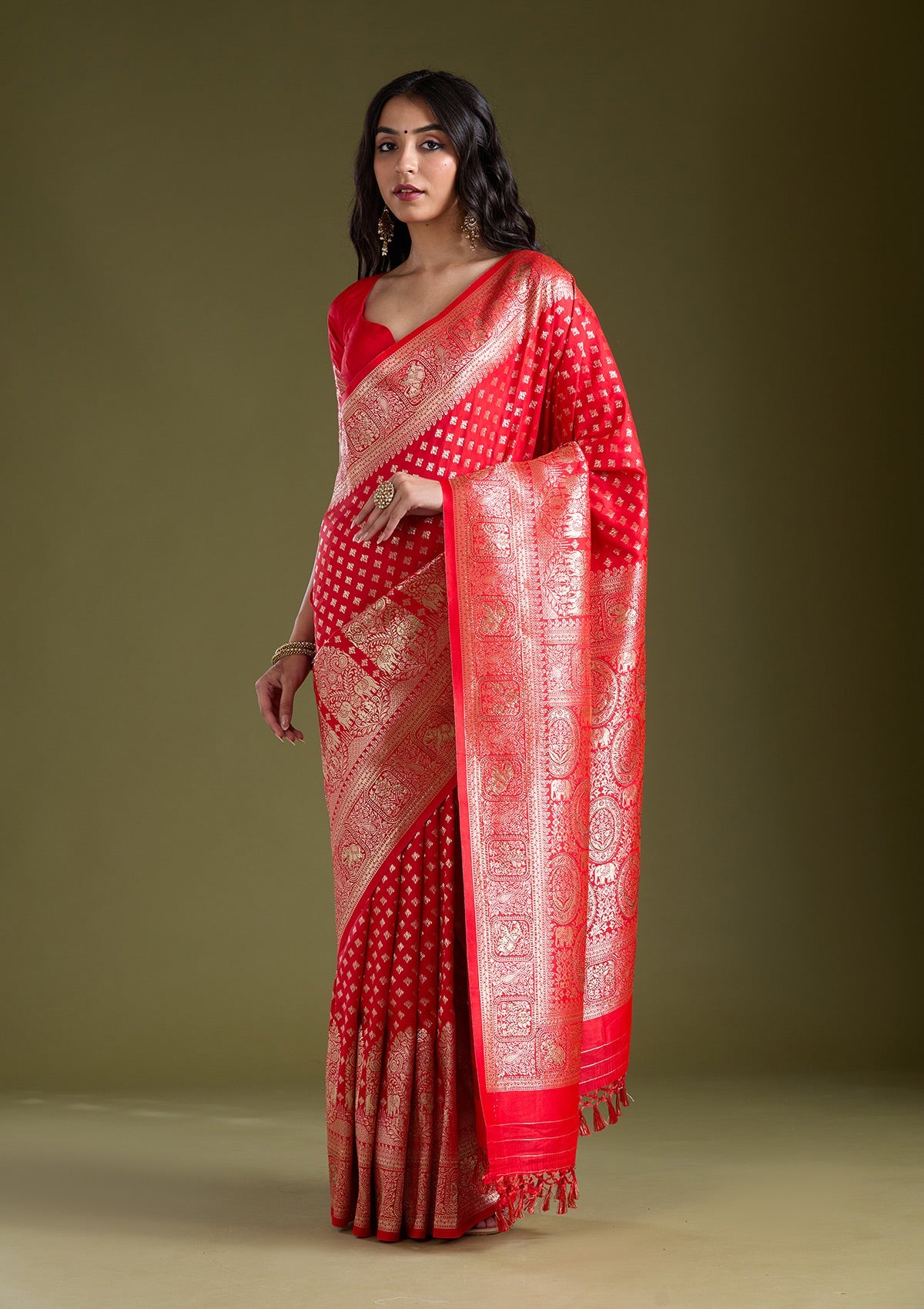 Red Stonework Banarasi Silk Saree-koskii