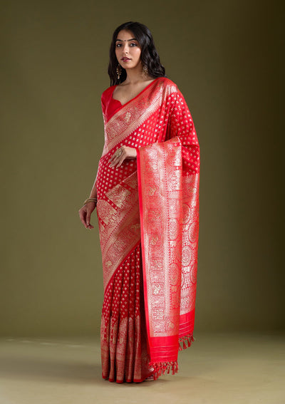 Red Stonework Banarasi Silk Saree-koskii