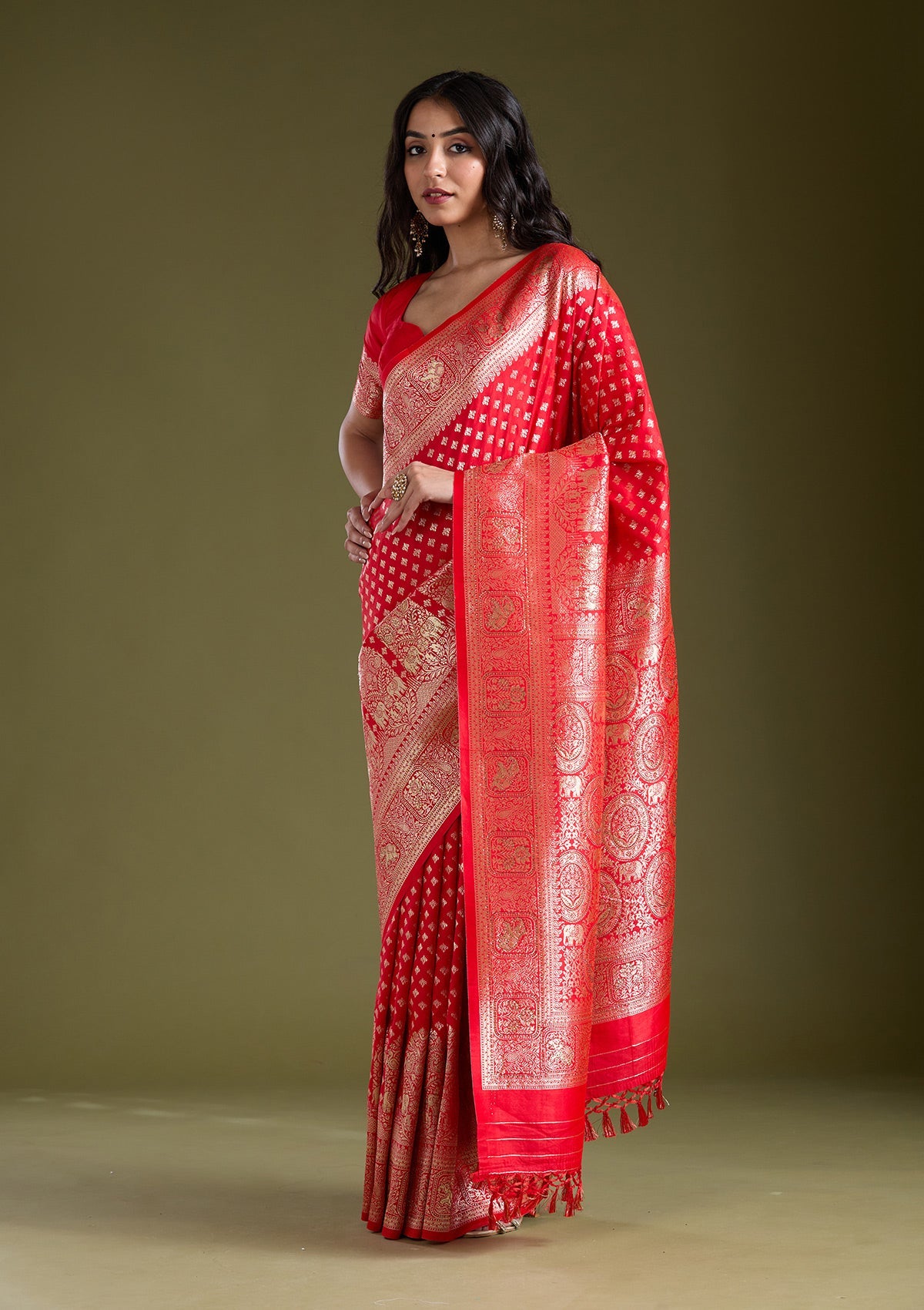 Red Stonework Banarasi Silk Saree-koskii