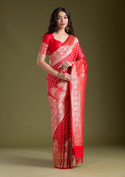 Red Stonework Banarasi Silk Saree-koskii