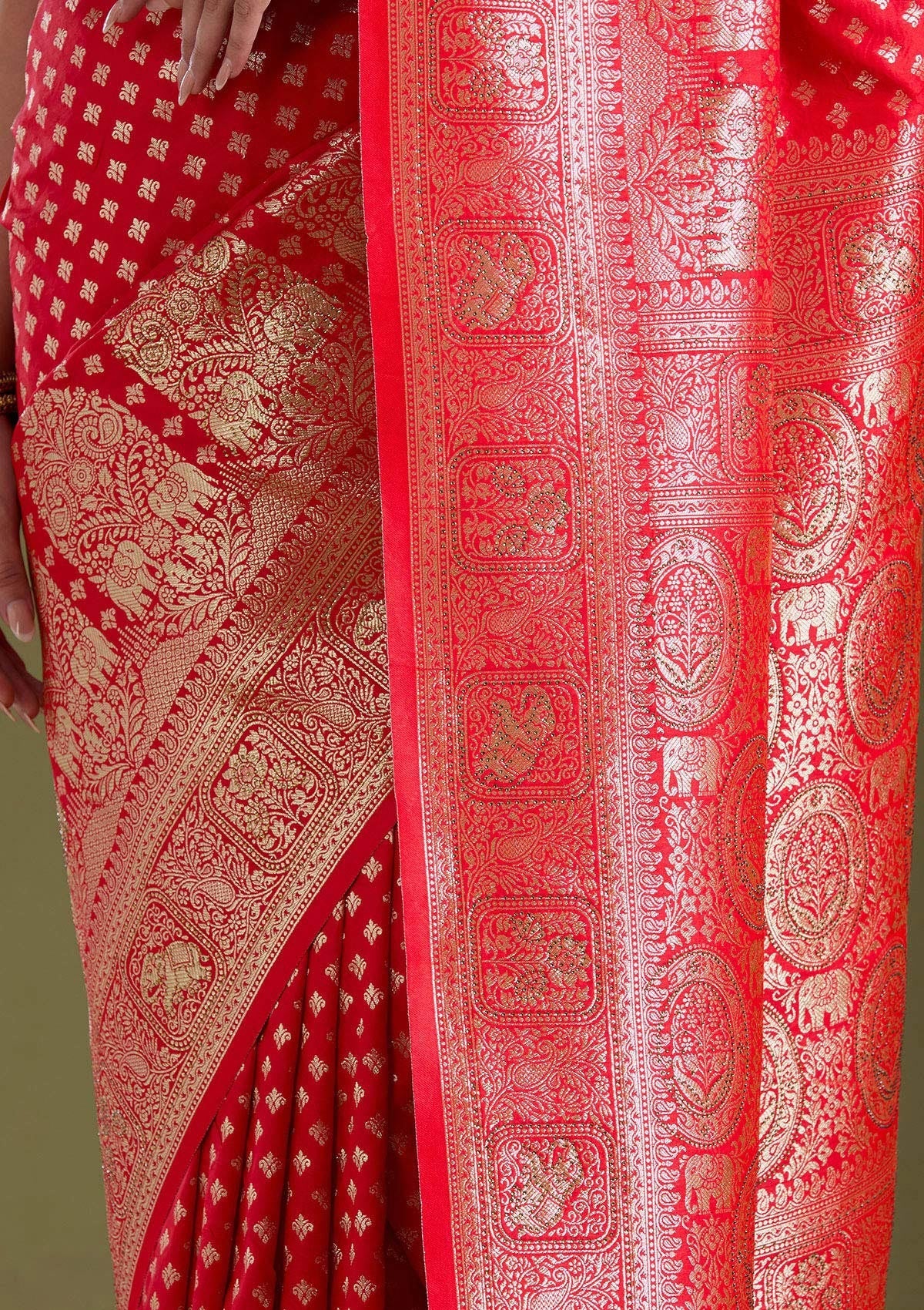 Red Stonework Banarasi Silk Saree-koskii