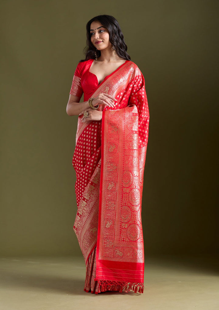 Red Stonework Banarasi Silk Saree-koskii
