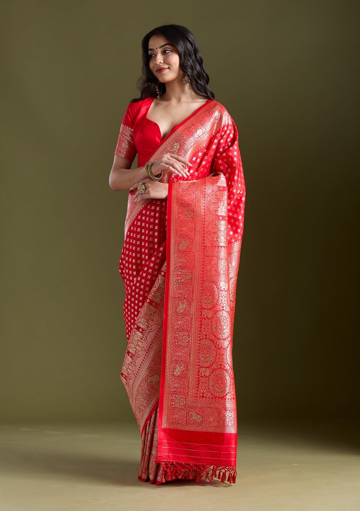 Red Stonework Banarasi Silk Saree-koskii