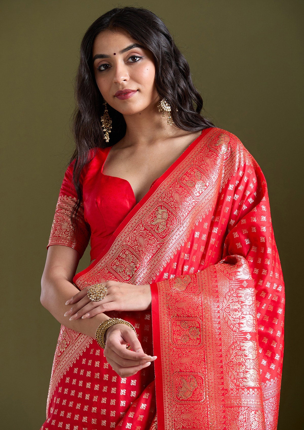 Red Stonework Banarasi Silk Saree-koskii